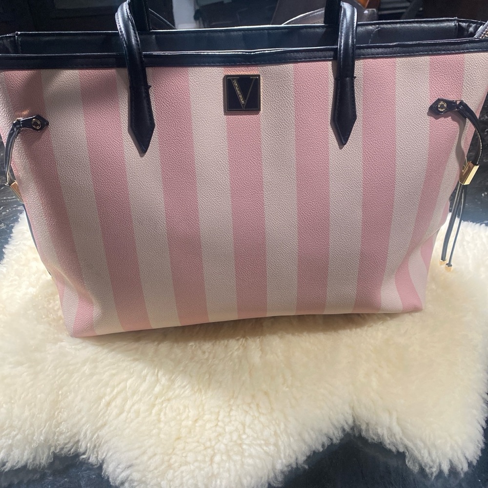 Elegant Pink and Black Striped Tote Bag from Victoria Secret
